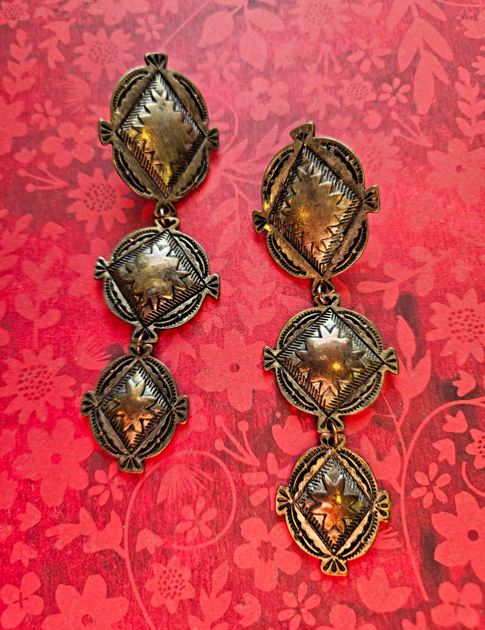 Silver & Brass Tone Oval Etched Panel Dangle Drop Post Earrings 3 3/4 in